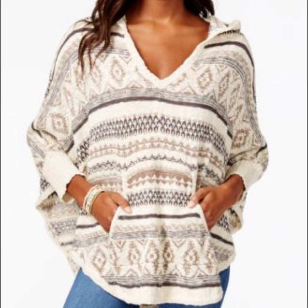 AMERICAN RAG STRIPPED HOODED PONCHO SWEATER